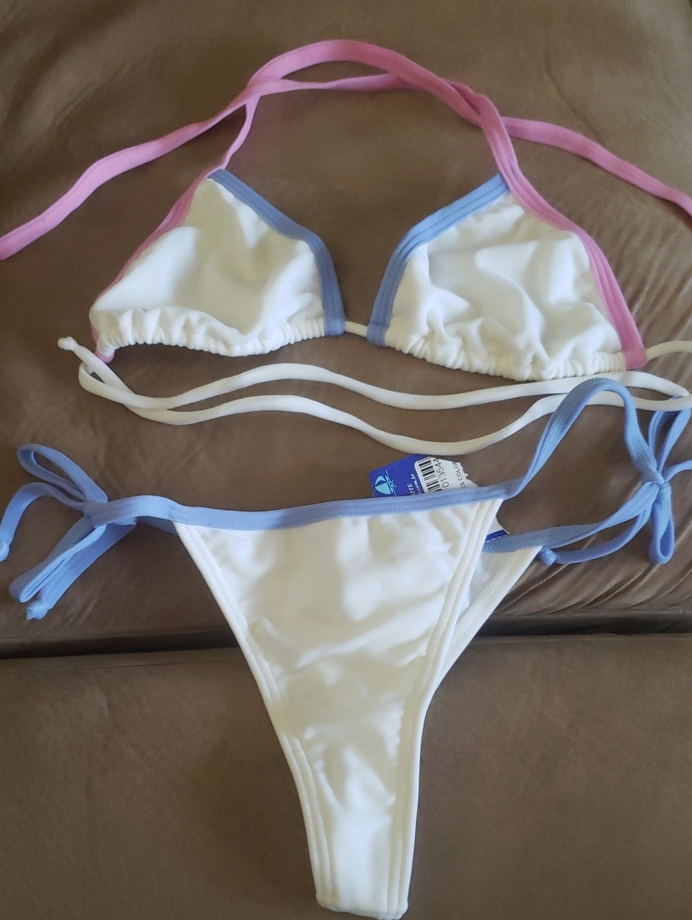 White Triangle Bikini with Pink & Blue Trim